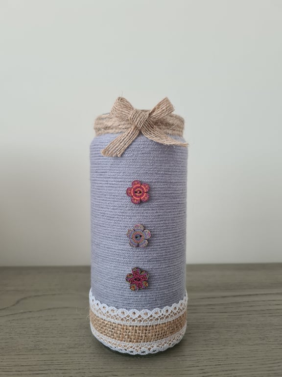 Light Grey Yarn Wrapped Cylindrical Vase With Vintage Flower Detail