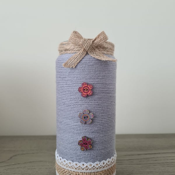 Light Grey Yarn Wrapped Cylindrical Vase With Vintage Flower Detail 