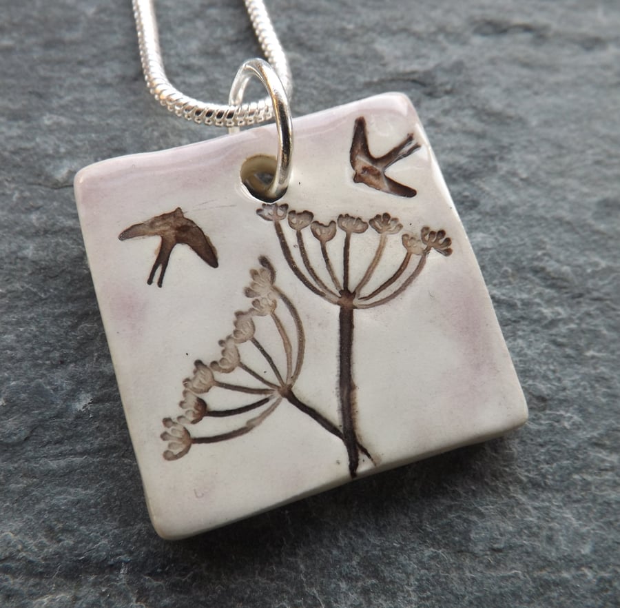 Handmade Ceramic Cow Parsley pendant in pale mauve