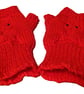 Knitted handmade red fingerless gloves with owl pattern