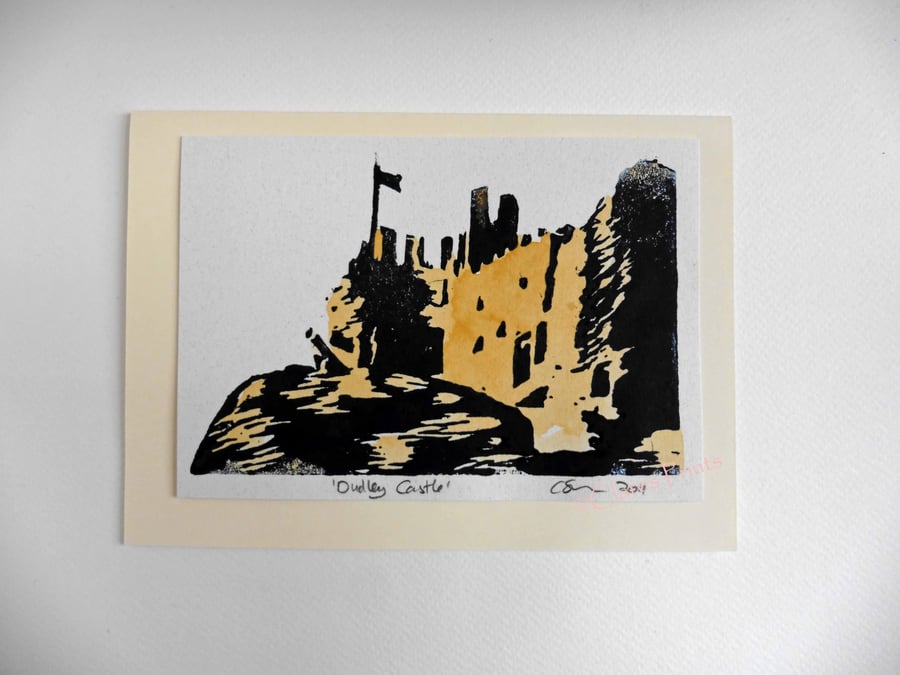 Dudley Castle West Midlands Lino Print Blank Greeting Card with Watercolour 