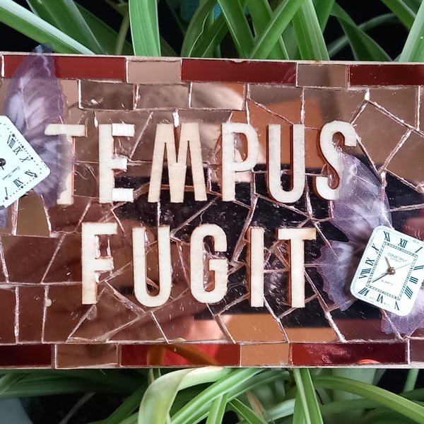 CLOCK THIS. Tempus Fugit mosaic plaque with wristwatch dials.
