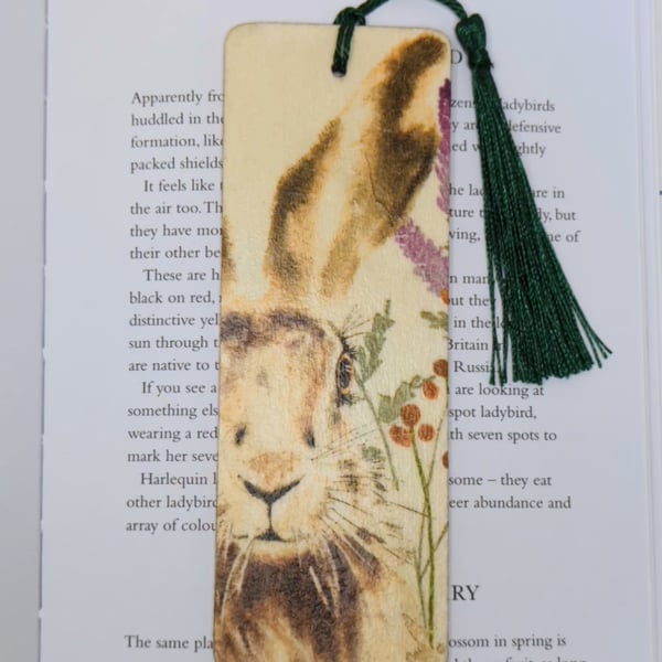 Hare wooden bookmark, British wildlife gift for an animal lover 
