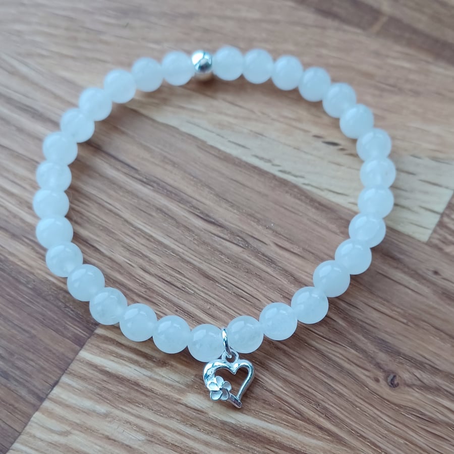White Jade Bracelet, 925 Silver Heart & Spacer Bead, 6mm Gemstones, Gift Idea