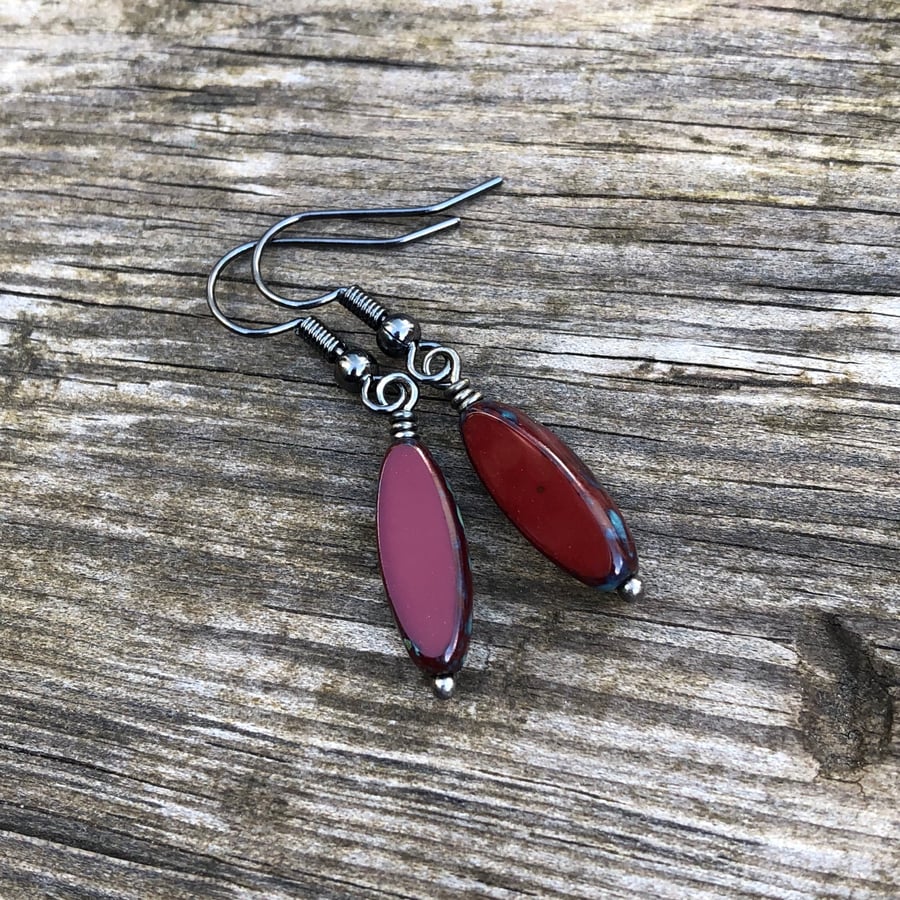 Dark Red Spindle Glass Earrings. Black Antique Folksy