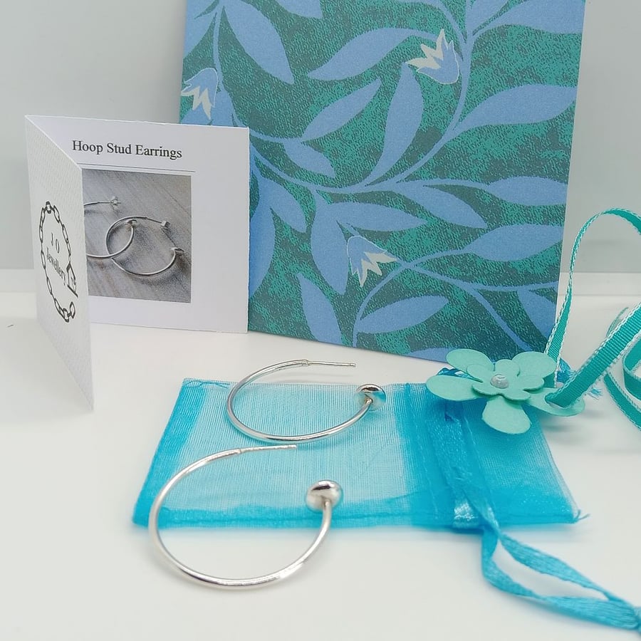 hoop earrings with disc bead finish , 3 cm Solid Sterling Silver 925