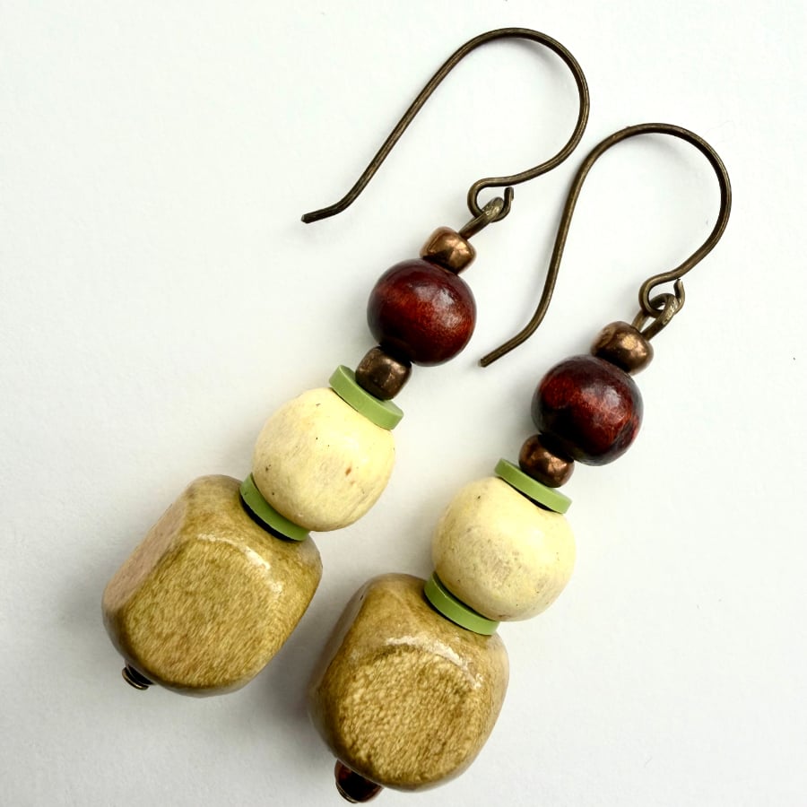 Light Brown Green Cream and Dark Brown Boho Drop Earrings