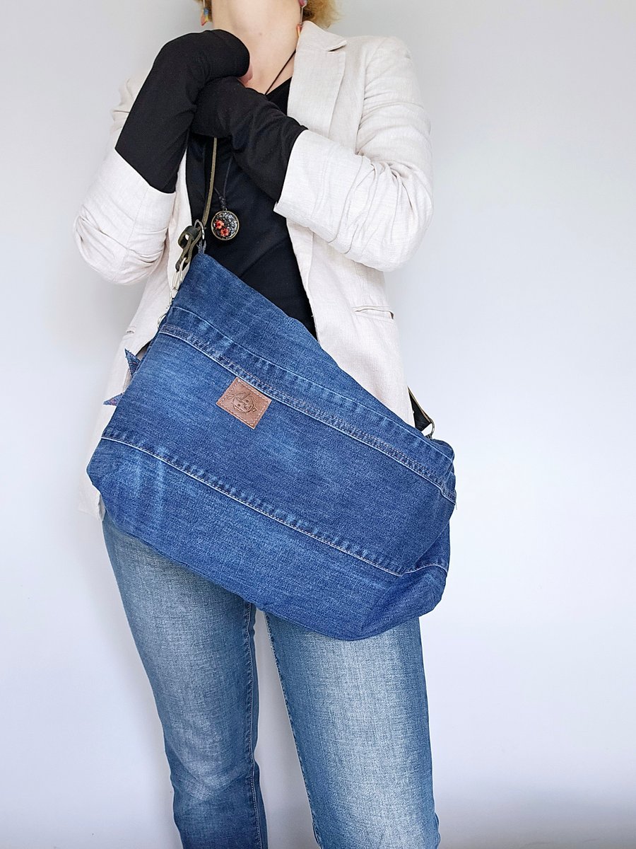 Jeans Slouchy Bag with Leather Belt Strap Crossbody upcycled jeans bag 