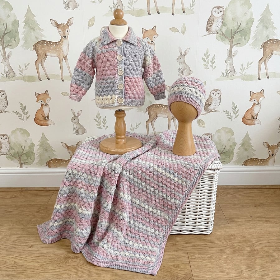 Hand knitted matching baby blanket, cardigan and hat, bubble stitch pattern