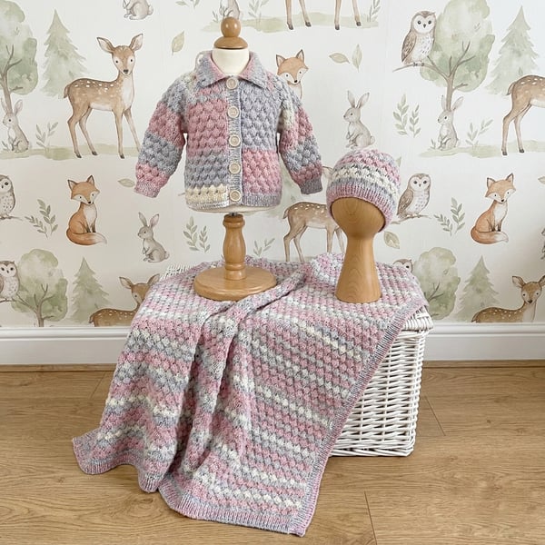 Hand knitted matching baby blanket, cardigan and hat, bubble stitch pattern
