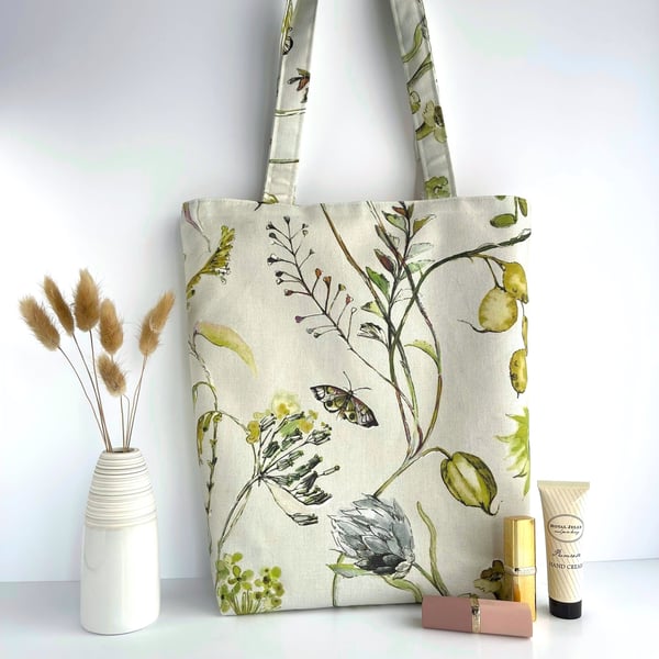 Floral Tote Bag with Seed Heads and Butterfly