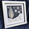 Night time Winter Snow Landscape  Art Mixed Media 3D Collage Framed 8" x 8"