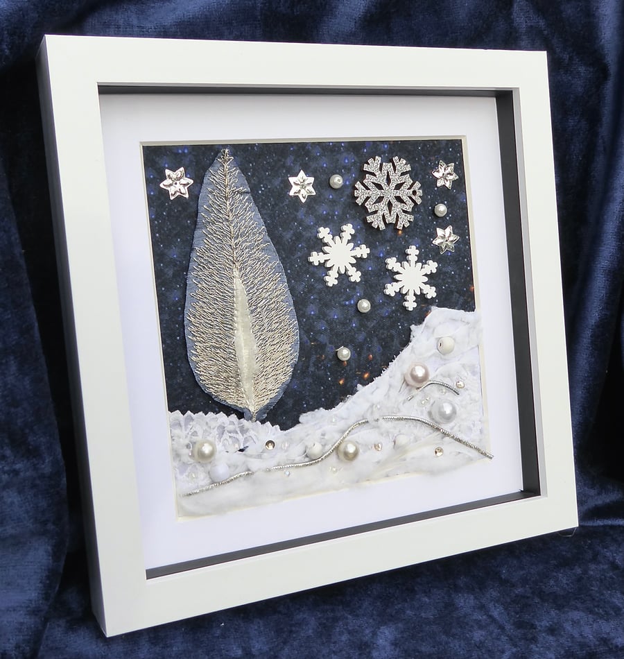 Night time Winter Snow Landscape  Art Mixed Media 3D Collage Framed 8" x 8"