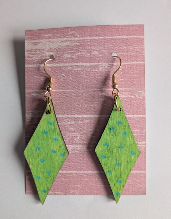 Diamond Shaped Earrings. Light Green with blue dots.  Handmade.  Gold Tone Wires