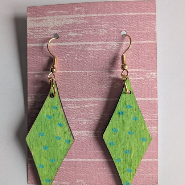 Diamond Shaped Earrings. Light Green with blue dots.  Handmade.  Gold Tone Wires