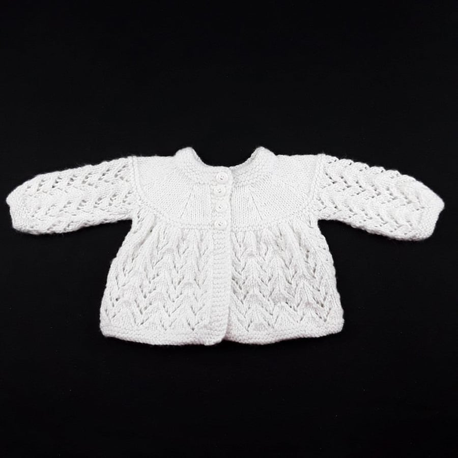 Sparkly white baby cardigan hand knitted to fit 0 - 3 months baby or reborn doll