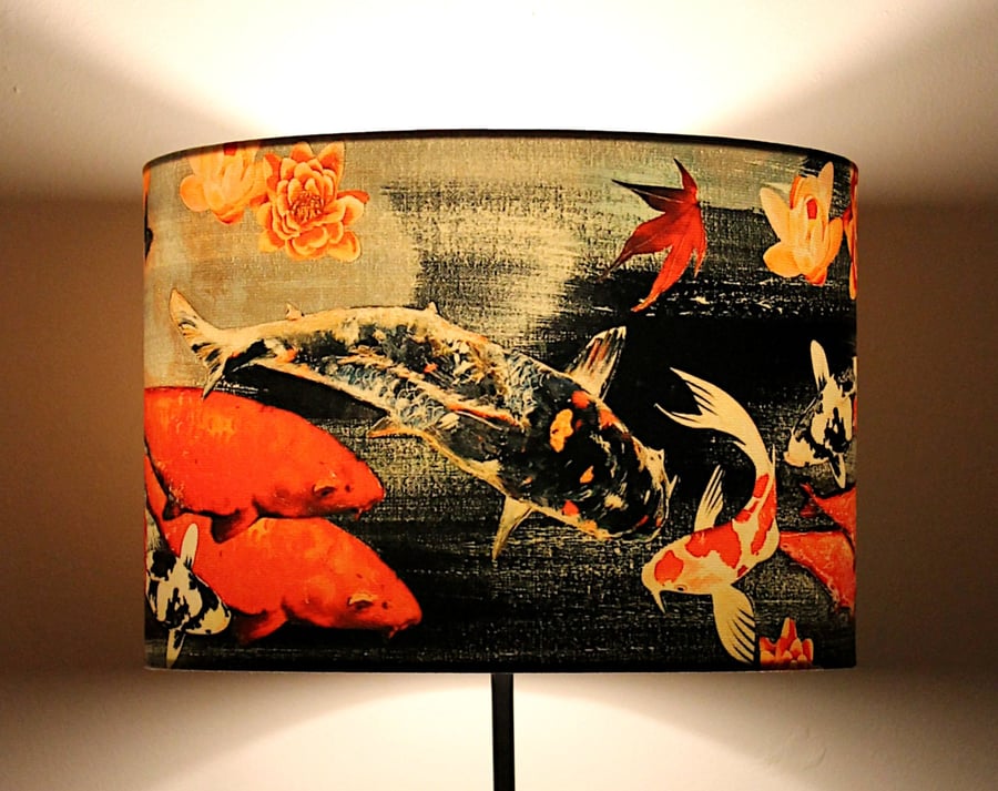 Koi on Black and Grey Drum Lampshade by Lily Greenwood - Medium - 30cm