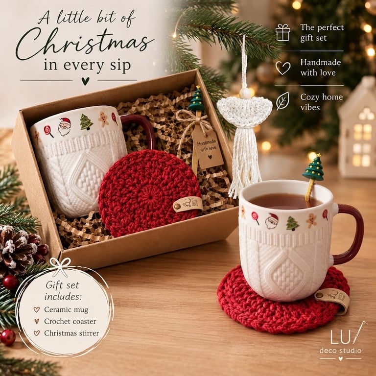 Handmade Christmas Mug Set, Crochet Coaster, Angel Ornament, Christmas Gift Box