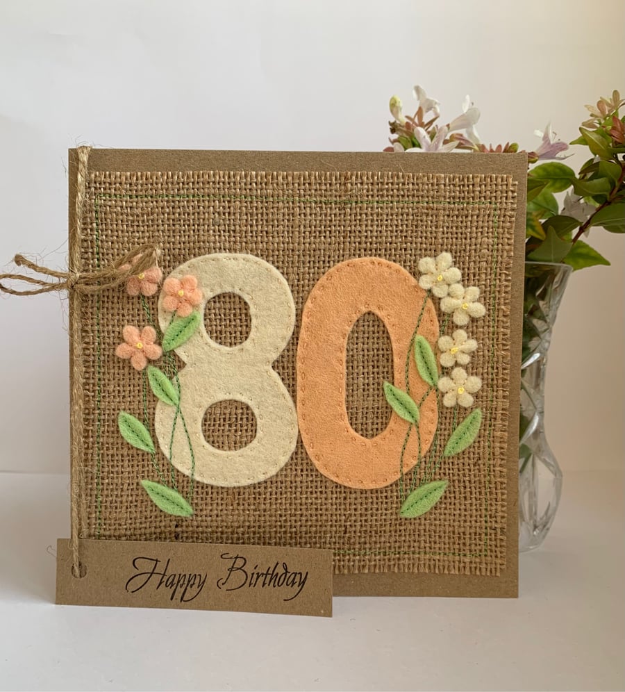 Handmade 80th Birthday Card. Keepsake Card. Textile card.