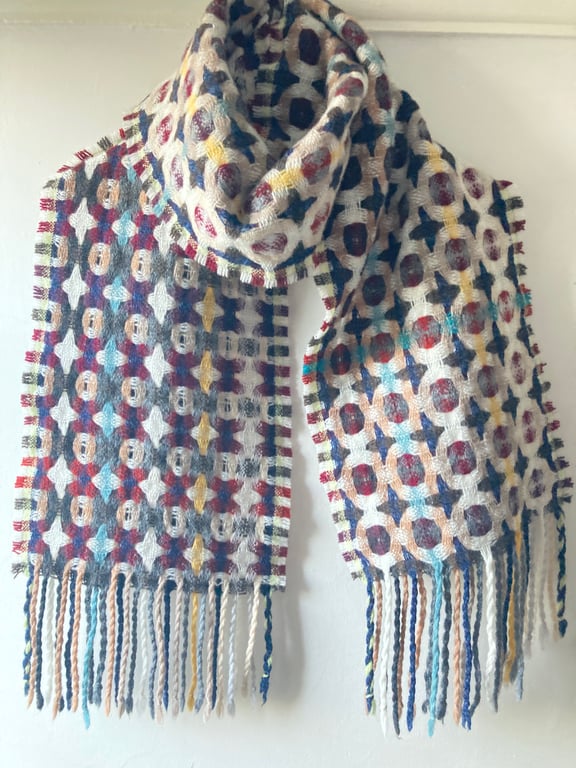 Handwoven Lambswool Scarf in Red and Navy, Golfballs