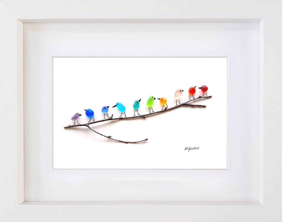 Rainbow Birds on Branch Medium - Sea Glass & Driftwood Picture - Framed Handmade