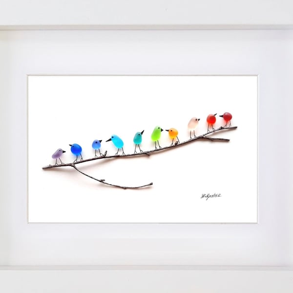 Rainbow Birds on Branch Medium - Sea Glass & Driftwood Picture - Framed Handmade