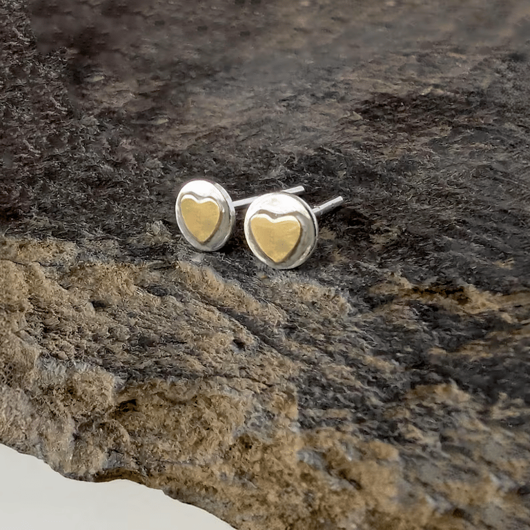 Sterling Silver GOLD Heart Stud Earrings, Handmade Urban Jewellery
