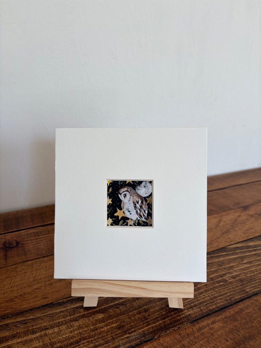 Image of Mounted ACEO Nocturnal Whimsical Owl with Stars Watercolour Edition 