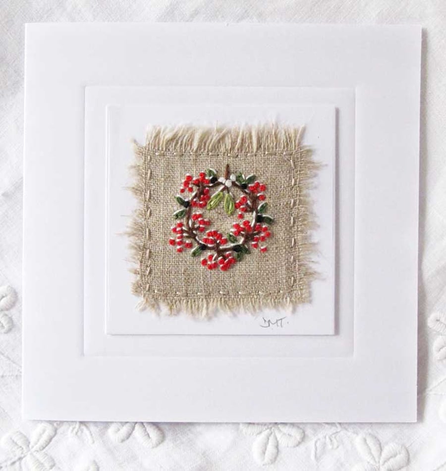 HAND EMBROIDERED CHRISTMAS CARD BERRIES WREATH