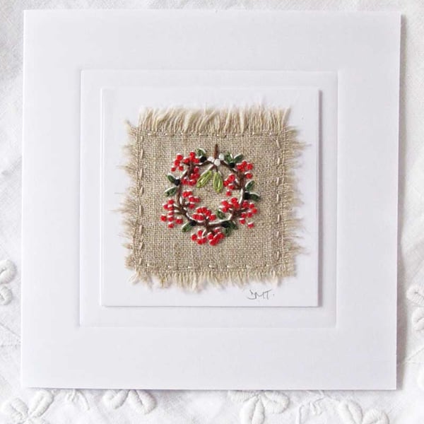 HAND EMBROIDERED CHRISTMAS CARD BERRIES WREATH