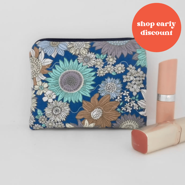 Coin purse in floral fabric blue mauve teal