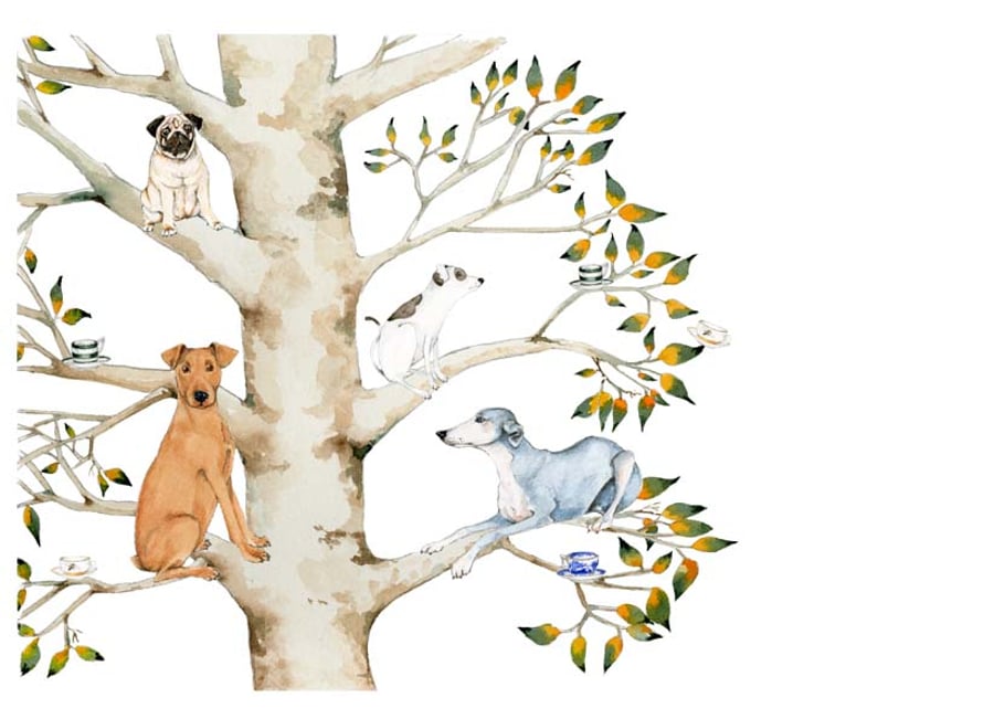 Dogs in a tree with Teacups A4 Giclee print