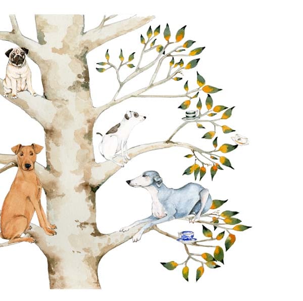 Dogs in a tree with Teacups A4 Giclee print