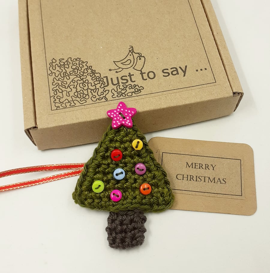 Crochet Christmas Tree Brooch on a Tag - Alternative to a Greetings Card