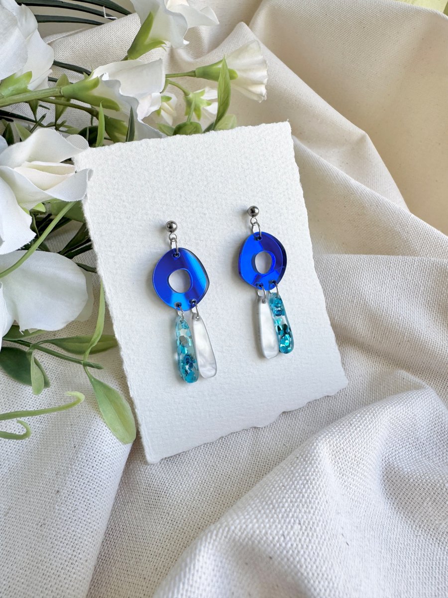 Blue Mirror Donut Hoop Acrylic Earrings - Layered Drop Dangles