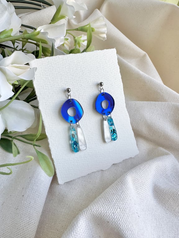 Blue Mirror Donut Hoop Acrylic Earrings - Layered Drop Dangles