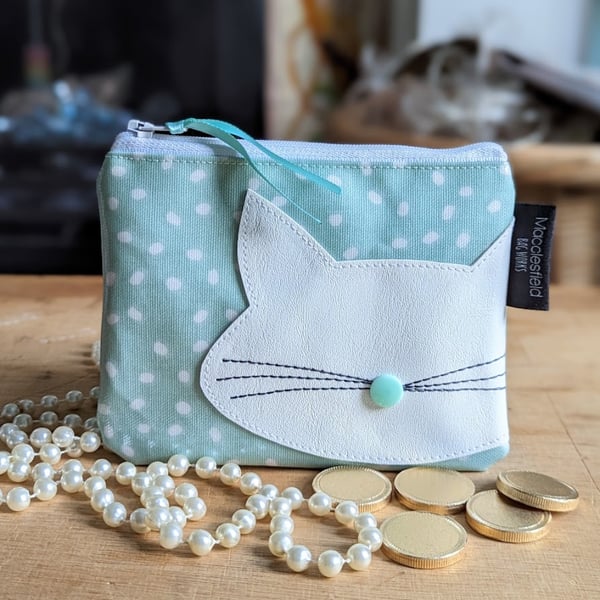 Oilcloth Cat Motif Purse or Small Makeup bag (Duck-egg)