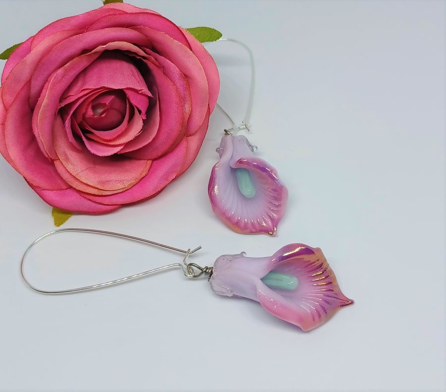 Purple Lampwork Glass Lily Earrings, Glass Flower Earrings, Statement Earrings, 