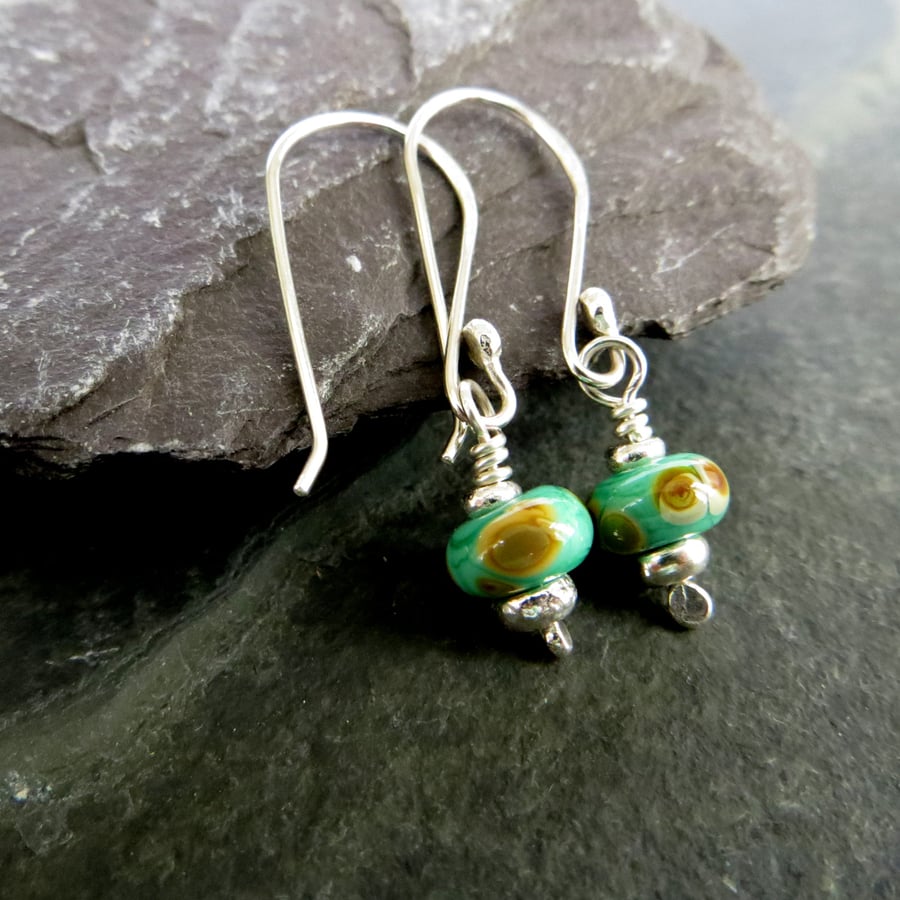 Green Lampwork Glass Earrings, Sterling Silver Ear Wires, Recycled Silver