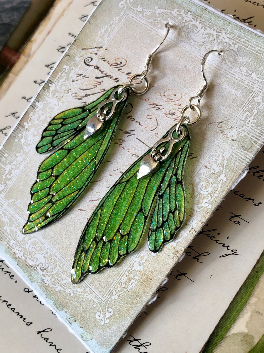 Bright Green Goddess Double Fairy Wing Earrings Sterling Silver