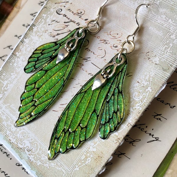 Bright Green Goddess Double Fairy Wing Earrings Sterling Silver