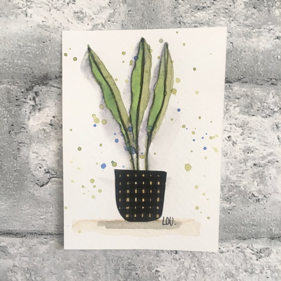 Original art ACEO in watercolour and collage house plant 