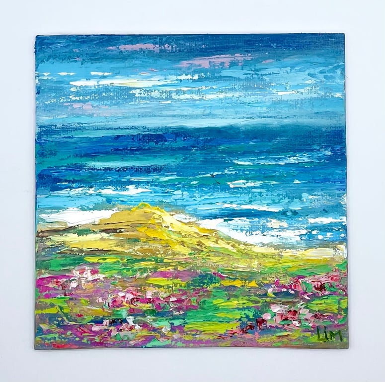 Irish Field Painting Ireland Landscape Original Art Ocean Wall Art 6x6 Nature Ar
