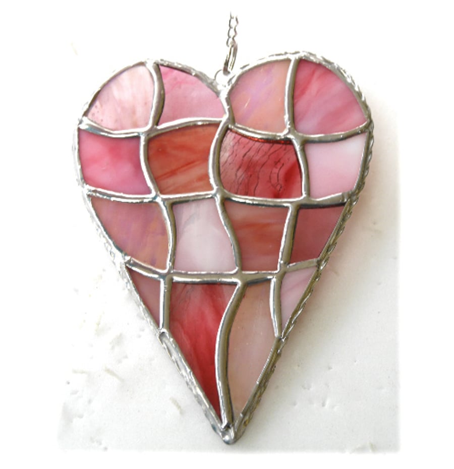 SOLD Patchwork Heart Suncatcher Stained Glass Handmade Pink 076