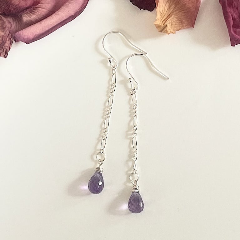 Amethyst briolette earrings with a long fancy chain