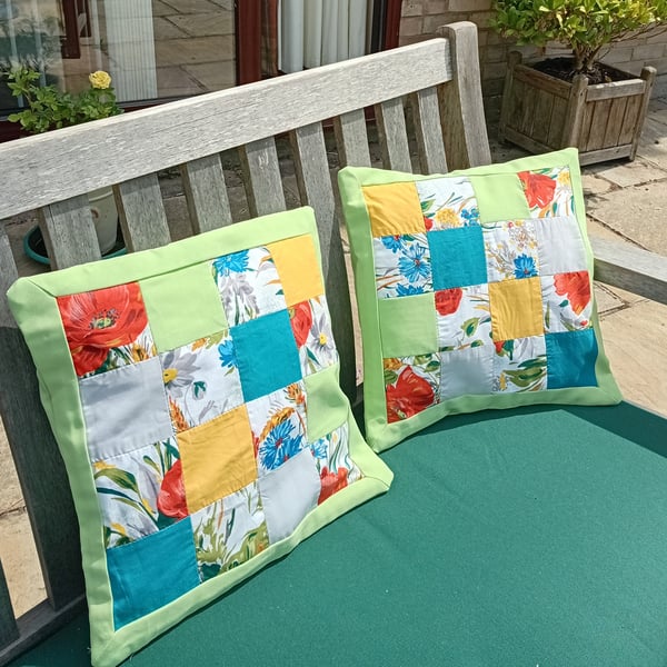 Pair of patchwork cushion covers in lime green, turquoise, yellow, grey, floral