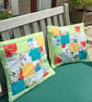 Pair of patchwork cushion covers in lime green, turquoise, yellow, grey, floral - Image 1