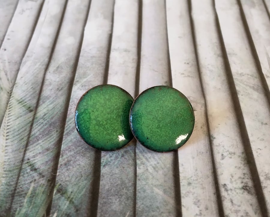 Green domed stud earrings in enamelled copper 222
