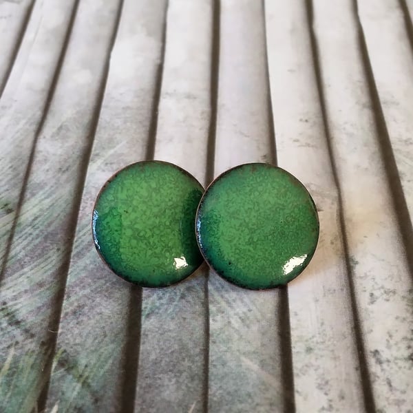 Green domed stud earrings in enamelled copper 222