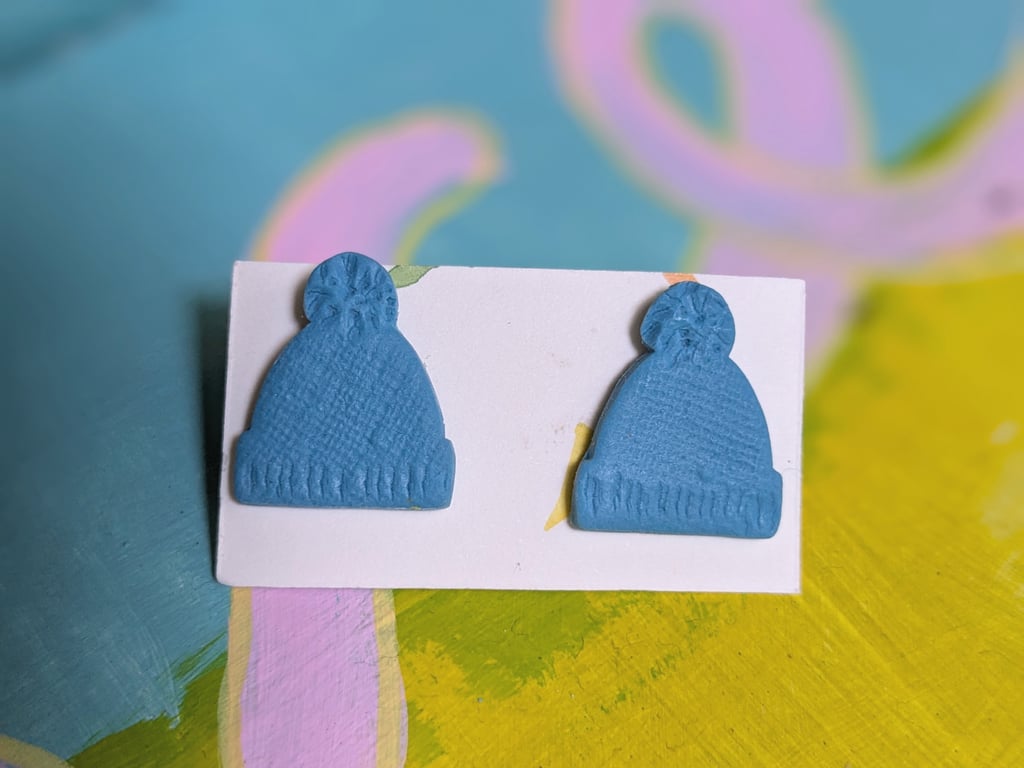 FIMO blue bobble hat polymer clay earrings